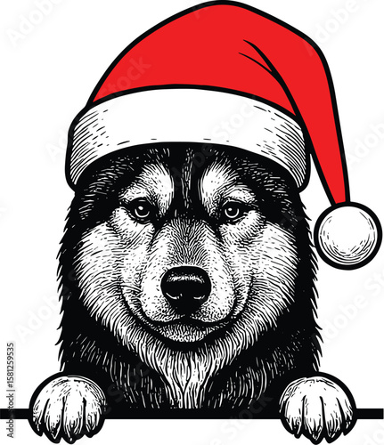 Siberian husky dog with christmas hat peeking vector black silhouette print design