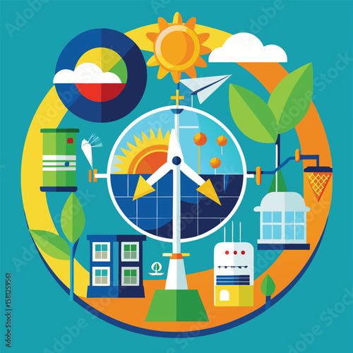 Sustainable energy and eco friendly concepts depicted with modern colorful illustration