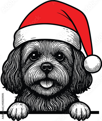 Shi tzu dog with christmas hat peeking vector black silhouette print design