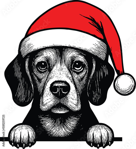 Beagle dog with christmas hat peeking vector black silhouette print design