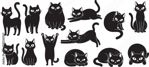 Collection of black cat silhouettes in various playful poses isolated on white background isolated on transparent background