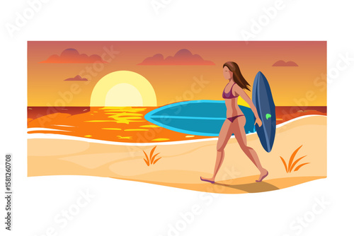 Woman in bikini walks on beach carrying surfboard at sunset