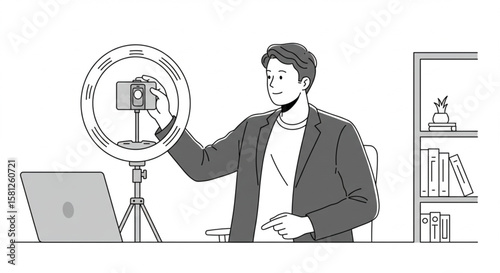 Young male vlogger adjusting his camera on a tripod inside a ring light for a live broadcast. Minimalist line art illustration.