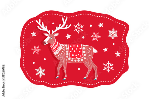 Whimsical reindeer wearing a festive sweater surrounded by snowflakes
