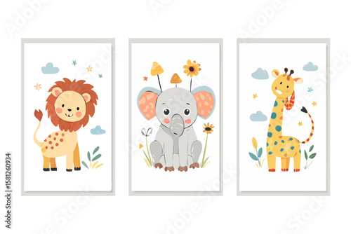 Cute cartoon baby animals lion elephant and giraffe set