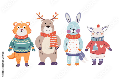 Cute cartoon animals wearing cozy winter sweaters and scarves
