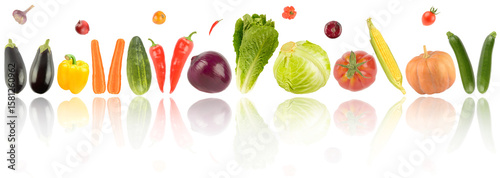 Bright healthy vegetables and fruits with light reflection isolated on white