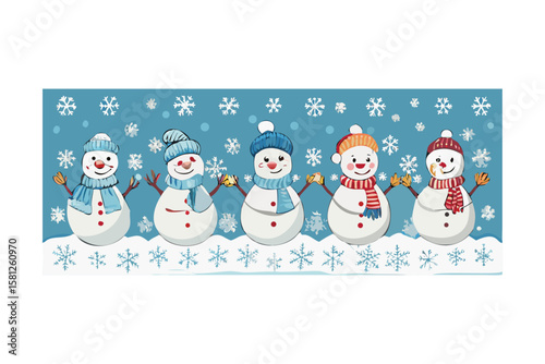 Five happy snowmen wearing hats and scarves stand together