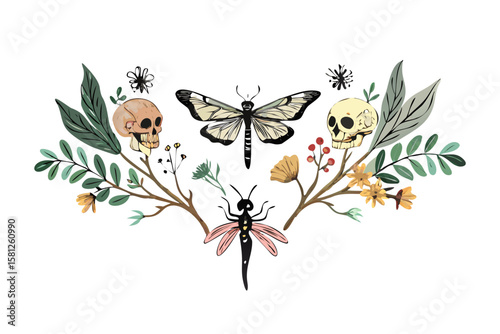 Mysterious skull and insect arrangement with floral elements on black