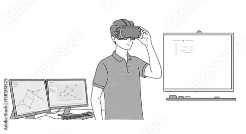 Immersive Technology Man Experiencing Virtual Reality with Dual Monitors