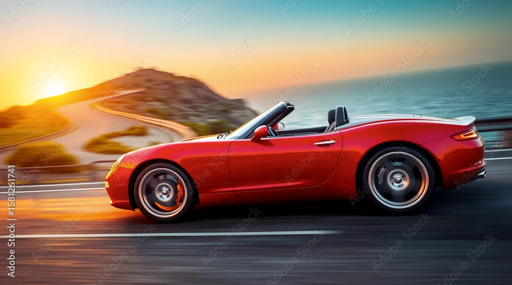 Naklejka premium luxury red convertible sports car driving along a coastal road with ocean view at sunset