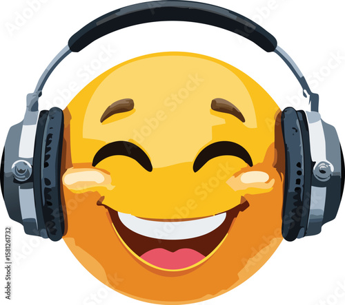 Happy Emoji Face Wearing Headphones and Enjoying Music Illustration