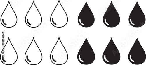Set of water drop icons in black and white outline and solid fill isolated on white background isolated on transparent background silhouette