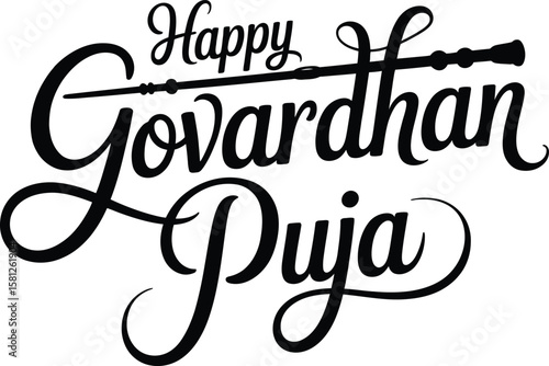 Happy Govardhan Puja Flute Calligraphy Vector Greeting .