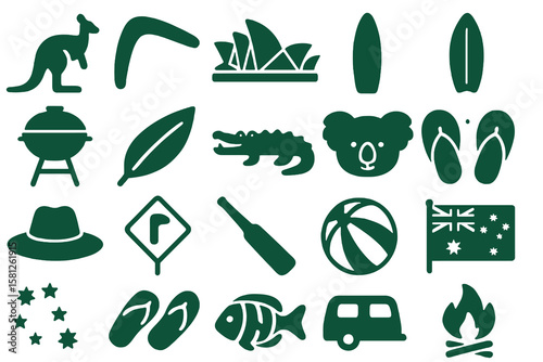 dark green cartoon icons of Australia with kangaroo, boomerang, Opera House, surfboard on transparent