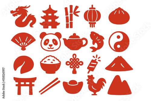 red cartoon icons of China with dragon, pagoda, lantern, panda, bamboo on transparent