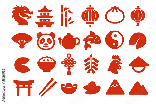 simple red Chinese culture set with food, temple, fan, tea pot, yin yang in flat cartoon style transparent