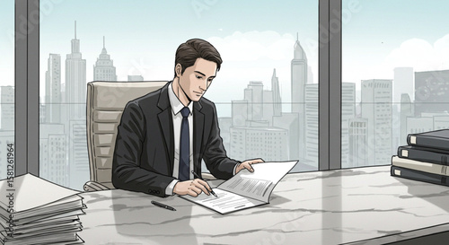 Focused businessman in a suit signing a contract at a desk in a modern high-rise office with a city skyline view.
