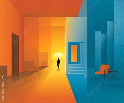 the image depicts a striking contrast between warm and cool tones in a geometric architectural setting