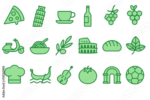 green cartoon icons of Italy with pizza, leaning tower, vespa, pasta, wine bottle, colosseum on transparent