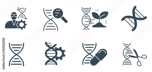 DNA & Genetic Engineering Glyph Icon Set - Vector Illustration of Biotechnology, Gene Editing, Research, and GMOs