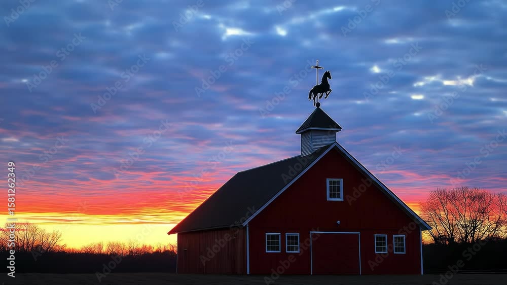 Red barn silhouette against colorful sunset sky at dusk landscape Red barn silhouette against colorful sunset sky at dusk landscape