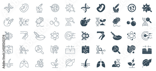 Biotechnology Icon Set - Vector illustrations for medical research, genetics, and lab work Outline and solid style