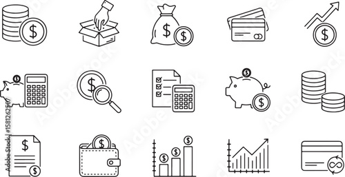 Collection of financial icons representing money management and investment growth isolated on white background isolated on transparent background silhouette