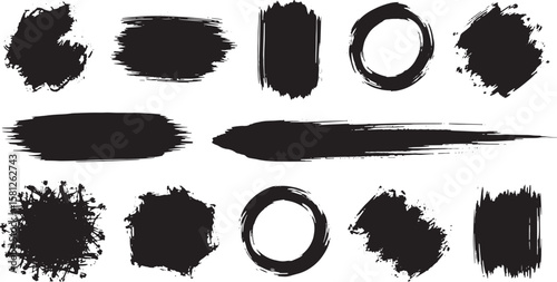 Collection of diverse black ink brush stroke shapes and splatters isolated on white background isolated on transparent background silhouette