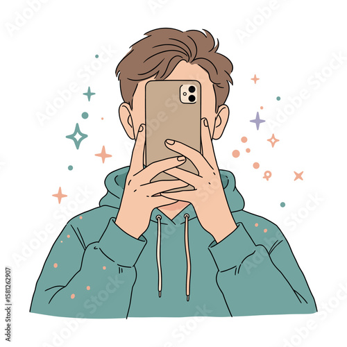 Teenager taking a selfie with a smartphone in a casual hoodie