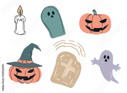 Halloween-themed illustration featuring spooky elements like a candle, ghost, pumpkin, and tombstone