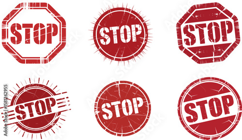 Collection of six red stop signs and stamps with grunge texture