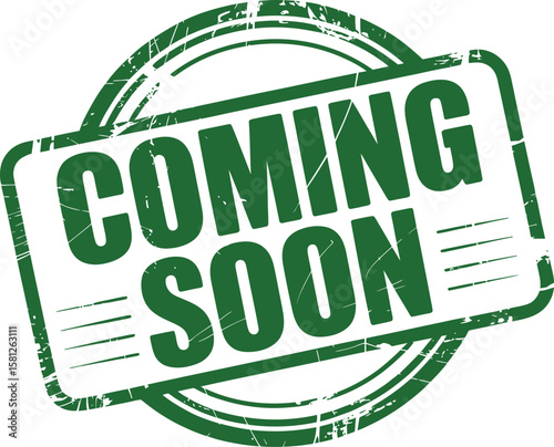 Green coming soon stamp with grunge texture announcing new product or event