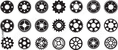 Collection of various black gear silhouettes isolated on white background isolated on transparent background