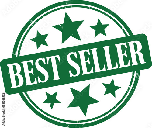 Green stamp seal with stars and best seller text for recognition and success