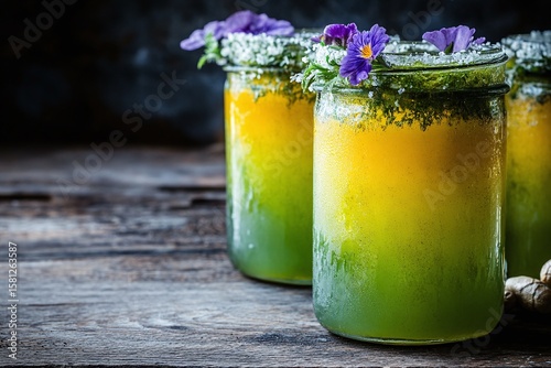 Close Up Vibrant Herbal Beverage In Glass Jars On Rustic Wooden Surface