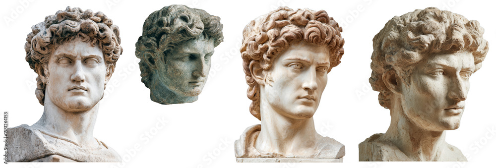 Obraz premium Classic marble busts of ancient greek male sculptures showcasing detailed facial expressions, curly hair, and textured stone surfaces against a plain black background isolated transparent png