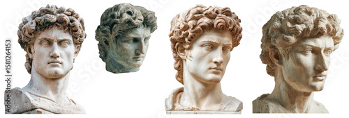 Classic marble busts of ancient greek male sculptures showcasing detailed facial expressions, curly hair, and textured stone surfaces against a plain black background isolated transparent png