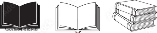 Collection of three book illustrations including a black silhouette and line art isolated on white background isolated on transparent background
