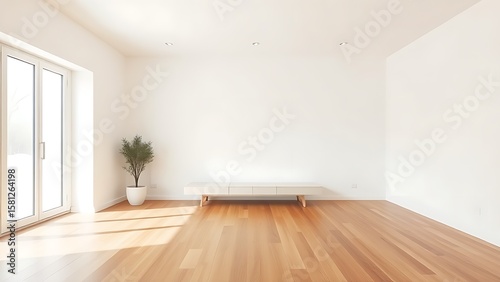 Minimalist living room with clean white walls and warm wood flooring, featuring mid-century modern furniture and soft natural light.