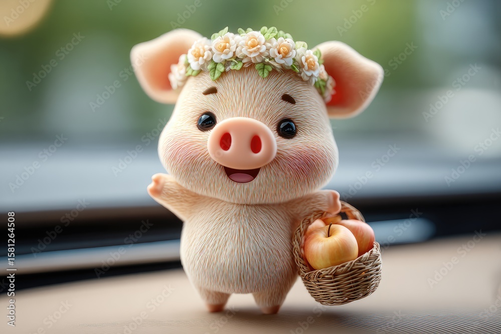 Fototapeta premium Adorable pig figurine holding a basket of apples.