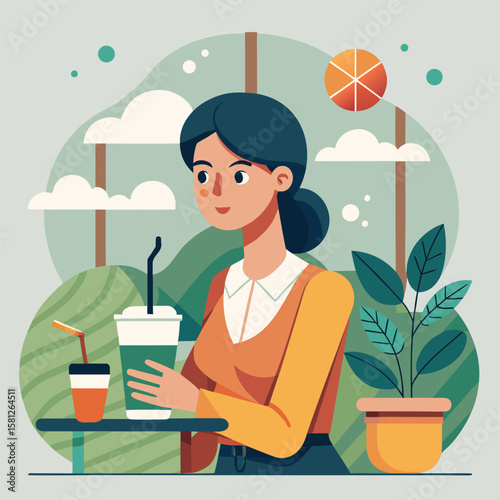 Woman relaxing with a smoothie at a cafe enjoying a peaceful moment vector illustration