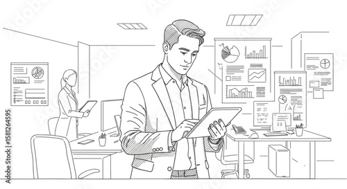 Businessman analyzing financial data on a digital tablet in a modern office. Vector line art illustration of corporate work.