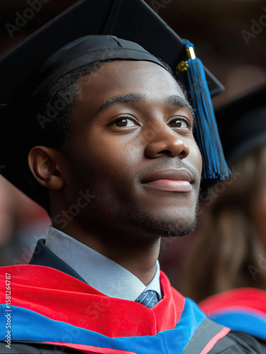 A Black African American student graduate in cap and gown at a ceremony, representing achievement, pride, and academic success in a moment of celebration and accomplishment