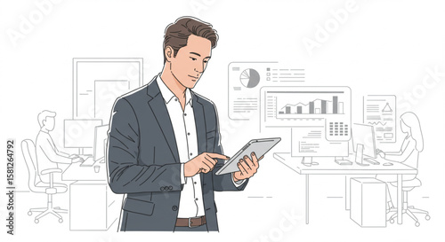 Businessman in a modern office using a digital tablet to analyze financial data charts and business intelligence reports.