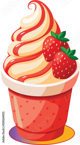 A cup with a scoop of ice cream and a topping of strawberries.