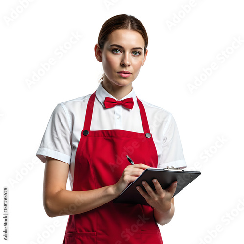 Friendly waitress standing ready to take your order in a classic diner uniform complete with notepad and pen Isolated on a clean white background
