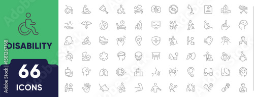 Disability Line Icon Set. Set of 66 outline icons including wheelchair, hearing aid, prosthetics, assistance, accessibility, and support. Editable stroke. Linear vector illustration.