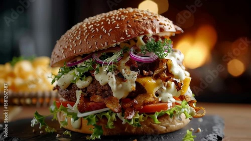 layered sliced tasty juicy double cheese burger with fresh lettuce, tomatoes, onions, pickles and melted cheese stacked high, gourmet fast food, restaurant menus, food