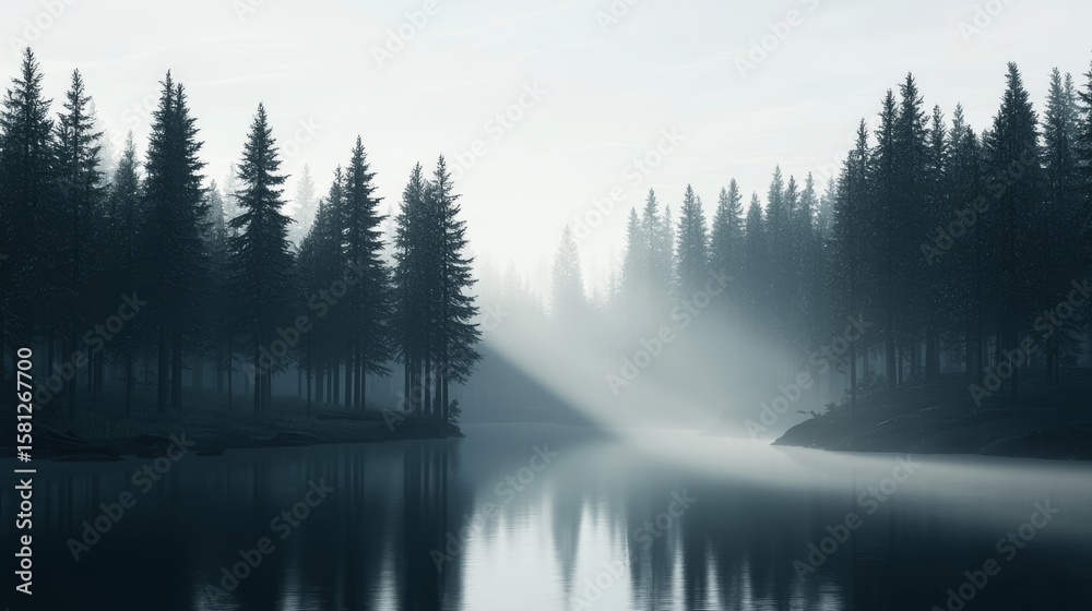 Fototapeta premium Misty forest with sunbeams reflecting on the water at dawn